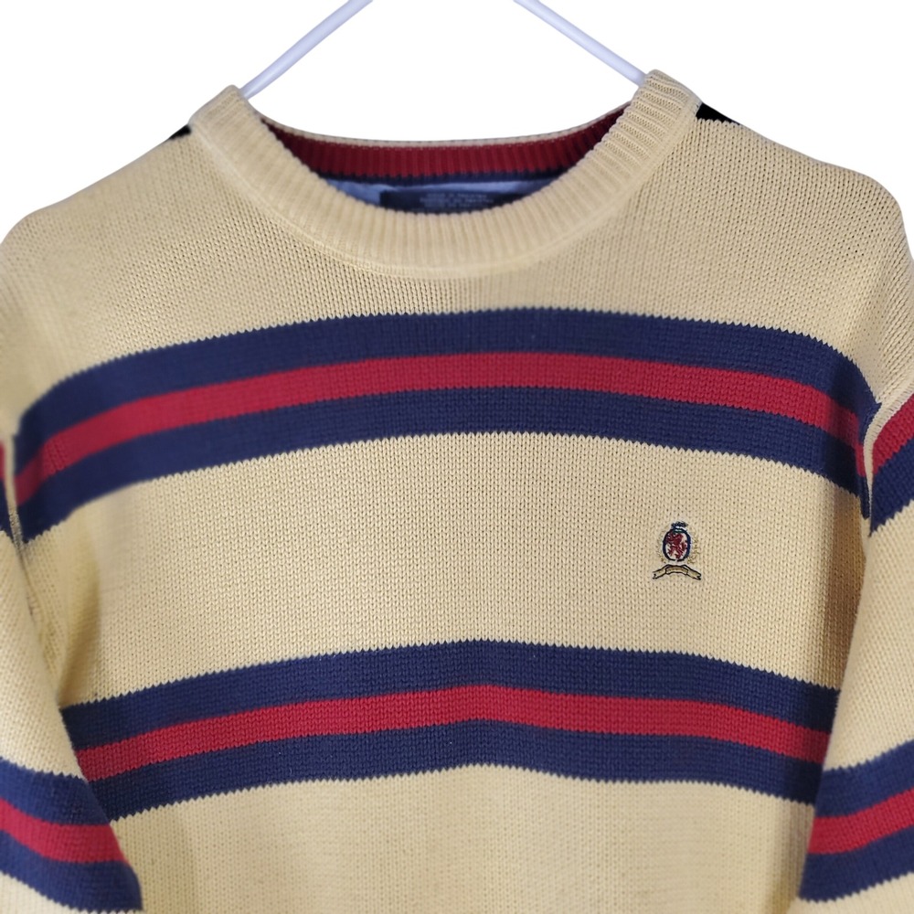 Tommy Hilfiger Vintage Striped Crewneck Sweater Mens Large Cream Navy Red Cotton